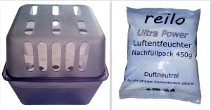 Raumentfeuchterbox + 450g Ultra Power Luftentfeuchtergranulat im Vliesbeutel, Komplett-Set