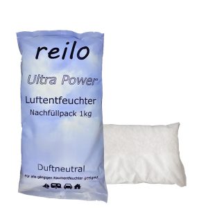 reilo 1kg Ultra Power Luftentfeuchter Granulat, Raumluftentfeuchter im Vliesbeutel, Nachfüllpacks für Entfeuchterboxen ab 900g, Lufttrockner für Wohnräume, Schlafzimmer, Keller