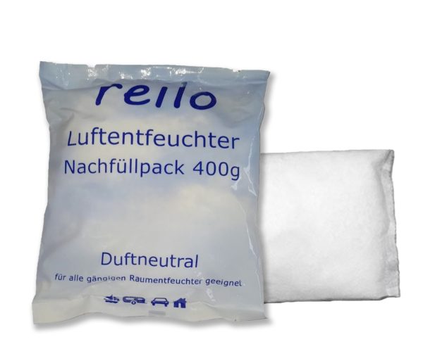 reilo 400g Luftentfeuchter Granulat (Calciumchlorid), Raumluftentfeuchter im Vliesbeutel, Nachfüllpacks für Entfeuchterboxen 400 bis 1200 g, Lufttrockner für Wohnräume, Schlafzimmer, Keller
