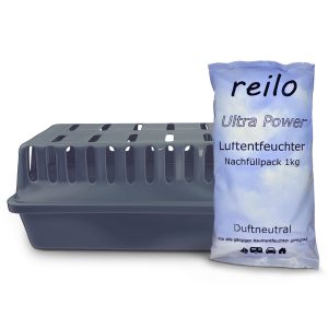 reilo XXL Raumentfeuchterbox und 1kg Ultra Power Luftentfeuchtergranulat, Luftentfeuchter-Komplettset, Raumentfeuchter im Vliesbeutel, Staffelpreis, für Auto, Schlafzimmer, Keller