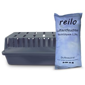 reilo XXL Raumentfeuchterbox und 1,2kg Luftentfeuchtergranulat, Luftentfeuchter-Komplettset, Raumentfeuchter im Vliesbeutel, Staffelpreis, für Auto, Schlafzimmer, Keller