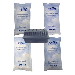 reilo XXL Raumentfeuchterbox (gt) mit 1kg Duft- Luftentfeuchtergranulat Nachfüllpack (Citrus, Jasmin, Lavendel, Ocean oder als Duftset)