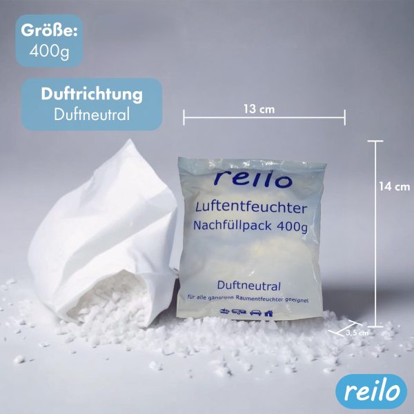 reilo 400g Luftentfeuchter Granulat (Calciumchlorid), Raumluftentfeuchter im Vliesbeutel, Nachfüllpacks für Entfeuchterboxen 400 bis 1200 g, Lufttrockner für Wohnräume, Schlafzimmer, Keller – Bild 2