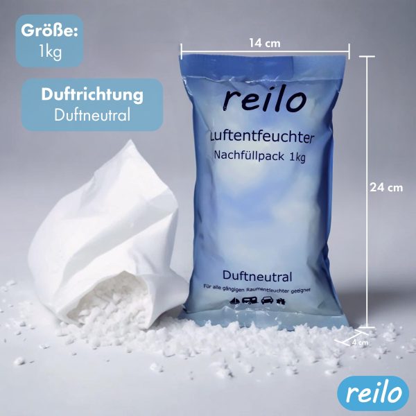 reilo 1kg Luftentfeuchter Granulat (Calciumchlorid), Raumentfeuchter im Vliesbeutel, Nachfüllpacks für Luftentfeuchterboxen 900 bis 1200 g, Staffelpreis, für Auto, Schlafzimmer, Keller – Bild 2
