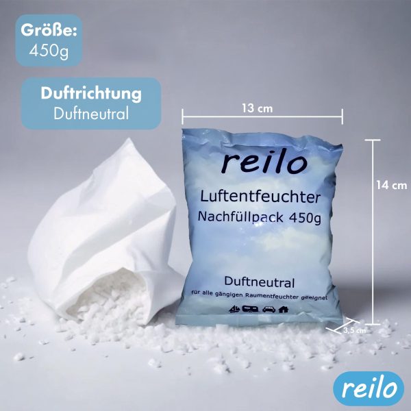 reilo 450g Luftentfeuchter Granulat (Calciumchlorid), Raumluftentfeuchter im Vliesbeutel, Nachfüllpacks für Entfeuchterboxen 400 bis 1200 g, Lufttrockner für Wohnräume, Schlafzimmer, Keller – Bild 2