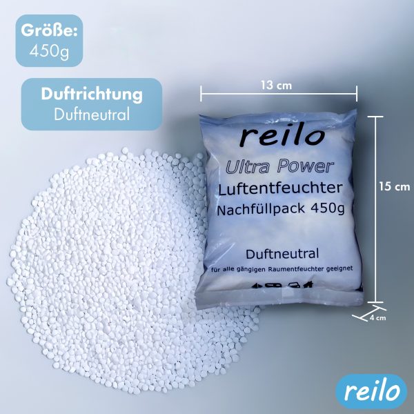 reilo 450g Ultra Power Luftentfeuchter Granulat, Raumluftentfeuchter im Vliesbeutel, Nachfüllpacks für Entfeuchterboxen 450 bis 1200 g, Lufttrockner für Wohnräume, Schlafzimmer, Keller – Bild 2