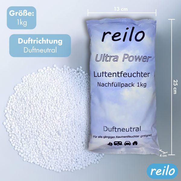 reilo 1kg Ultra Power Luftentfeuchter Granulat, Raumluftentfeuchter im Vliesbeutel, Nachfüllpacks für Entfeuchterboxen ab 900g, Lufttrockner für Wohnräume, Schlafzimmer, Keller – Bild 2