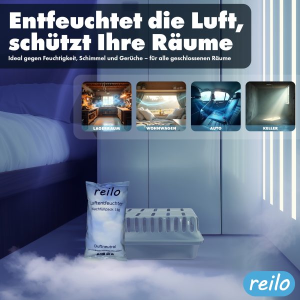 reilo 1kg Luftentfeuchter Granulat (Calciumchlorid), Raumentfeuchter im Vliesbeutel, Nachfüllpacks für Luftentfeuchterboxen 900 bis 1200 g, Staffelpreis, für Auto, Schlafzimmer, Keller – Bild 5