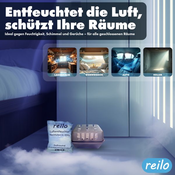 reilo 450g Luftentfeuchter Granulat (Calciumchlorid), Raumluftentfeuchter im Vliesbeutel, Nachfüllpacks für Entfeuchterboxen 400 bis 1200 g, Lufttrockner für Wohnräume, Schlafzimmer, Keller – Bild 5