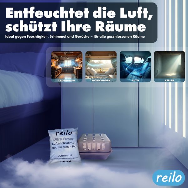 reilo 450g Ultra Power Luftentfeuchter Granulat, Raumluftentfeuchter im Vliesbeutel, Nachfüllpacks für Entfeuchterboxen 450 bis 1200 g, Lufttrockner für Wohnräume, Schlafzimmer, Keller – Bild 5