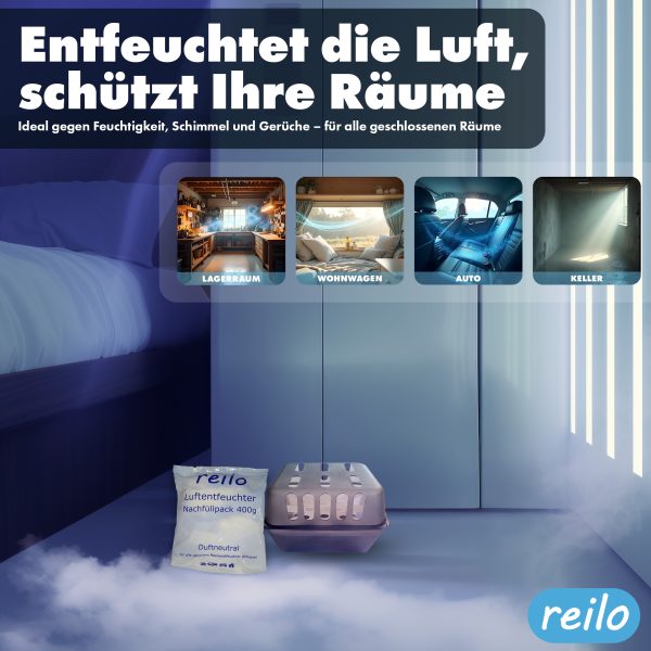 reilo 400g Luftentfeuchter Granulat (Calciumchlorid), Raumluftentfeuchter im Vliesbeutel, Nachfüllpacks für Entfeuchterboxen 400 bis 1200 g, Lufttrockner für Wohnräume, Schlafzimmer, Keller – Bild 5