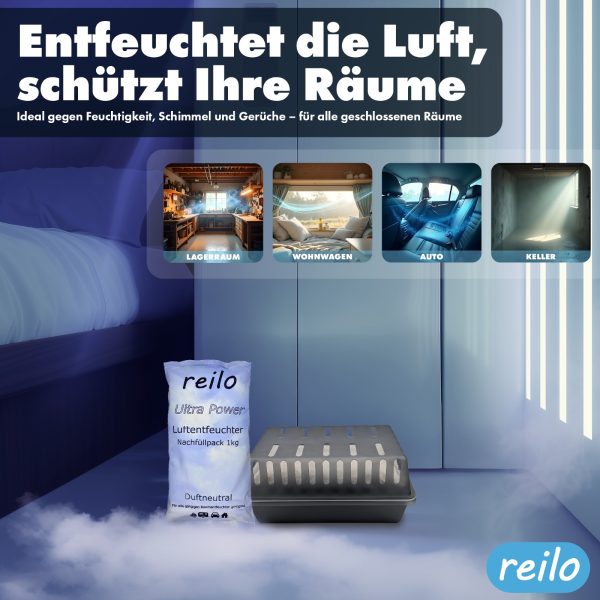 reilo 1kg Ultra Power Luftentfeuchter Granulat, Raumluftentfeuchter im Vliesbeutel, Nachfüllpacks für Entfeuchterboxen ab 900g, Lufttrockner für Wohnräume, Schlafzimmer, Keller – Bild 5